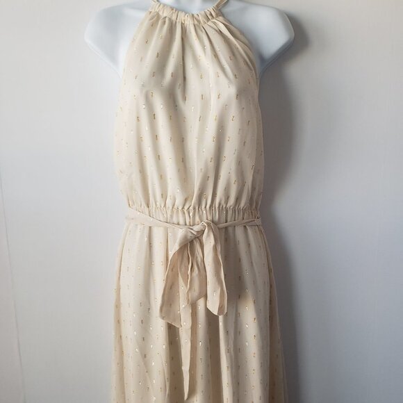 ModCloth womens  Dress size S Cream Metallic Maxi Belted Chiffon High Neck - Picture 3 of 6